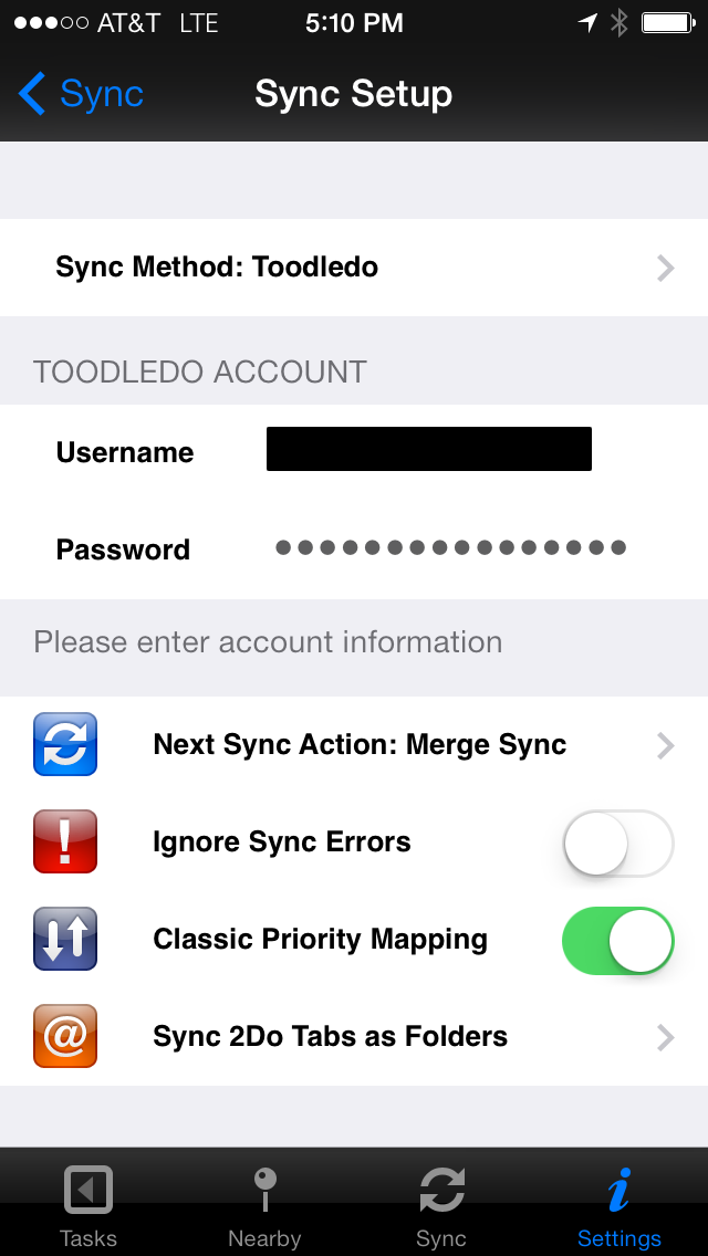 Sync Method: Toodledo settings page.