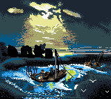 Two fishing boats on a dark sea, drawn in pixel art style.