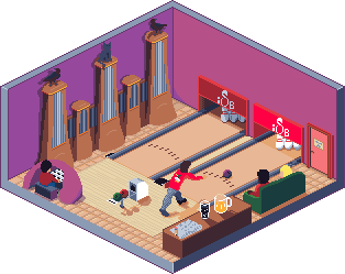 a bowling alley and a pipe organ, drawn in isometric pixel art