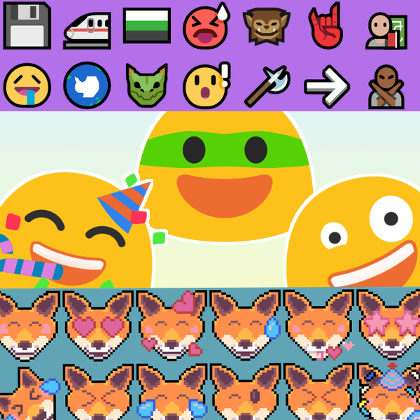 An example image, demonstrating three indie emoji sets