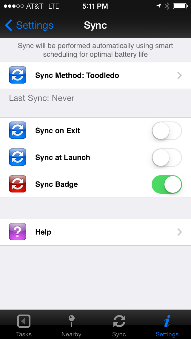 A page of options relating to sync.