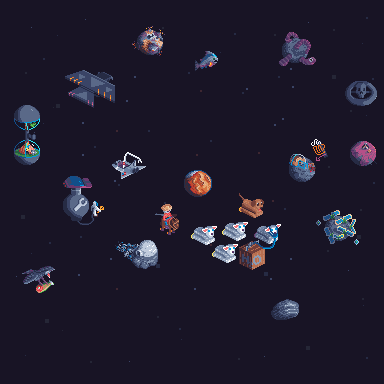 an outer space collage of pixel art