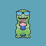 a pixel art t-rex holding a cupcake