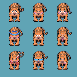 a collection of 9 emoji-inspired pixel art tigers